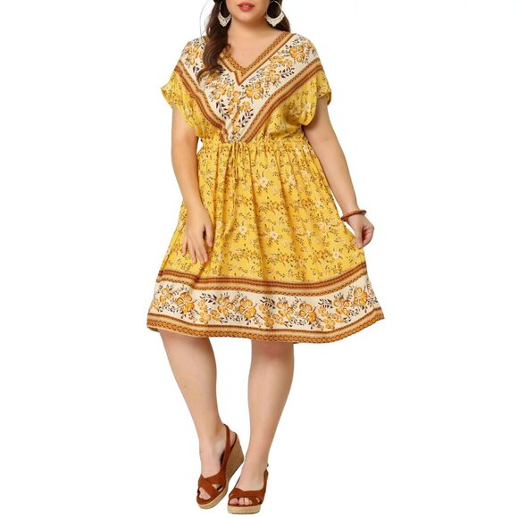 Agnes Orinda Dress Yellow Floral Print V Neck Drawstring NWT - Picture 1 of 11